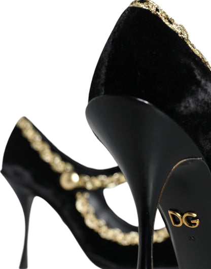 Zapatos de tacón Dolce & Gabbana negros Mary Janes de terciopelo dorado