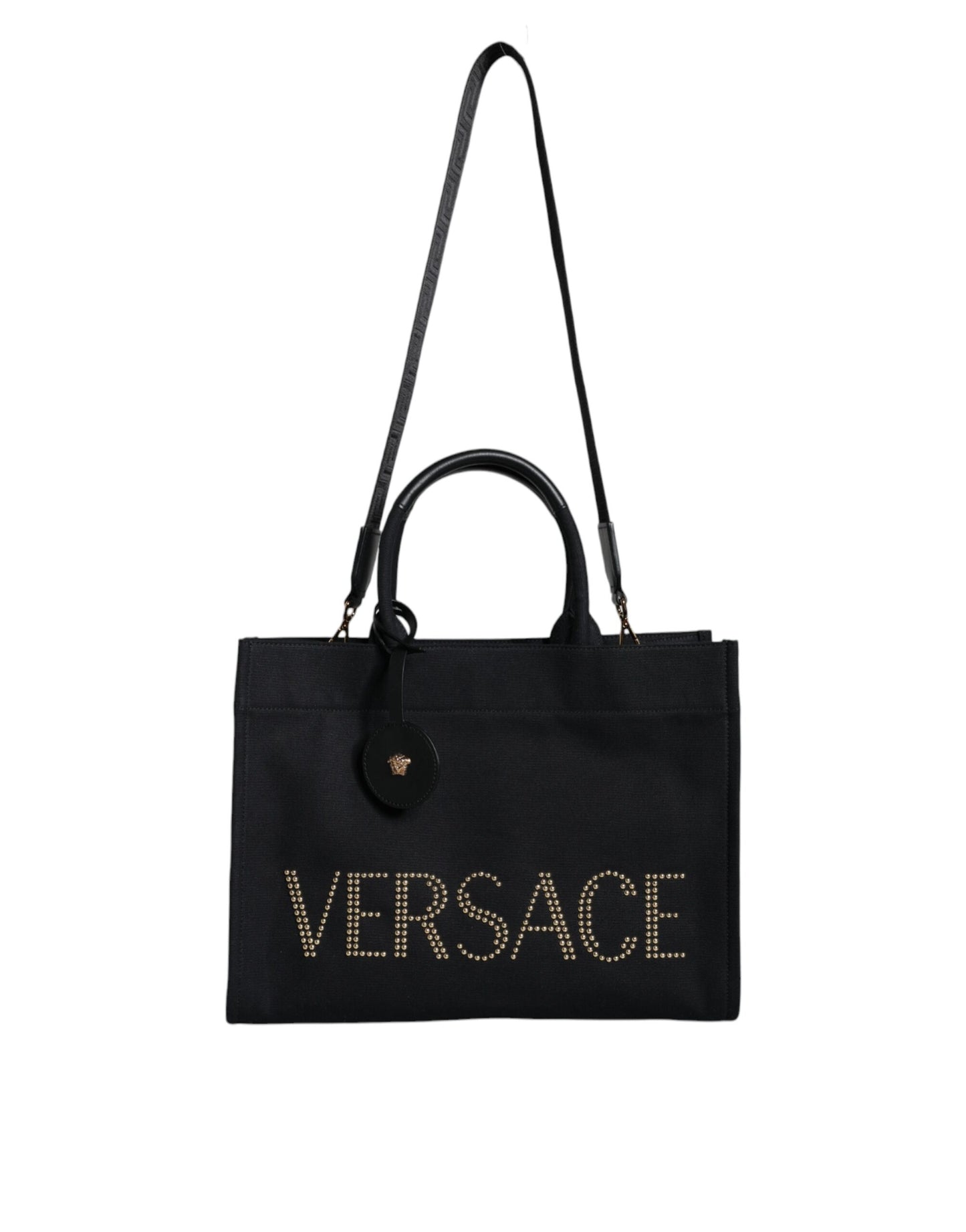 Bolso tote cruzado de mano Versace negro de lona y cuero con logo