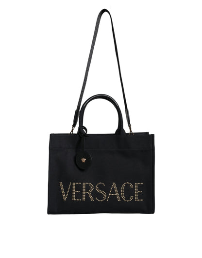 Bolso tote cruzado de mano Versace negro de lona y cuero con logo