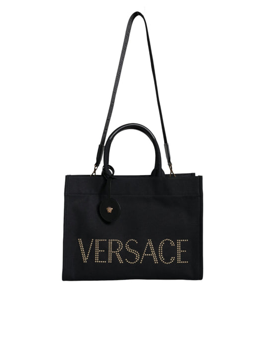 Bolso tote cruzado de mano Versace negro de lona y cuero con logo