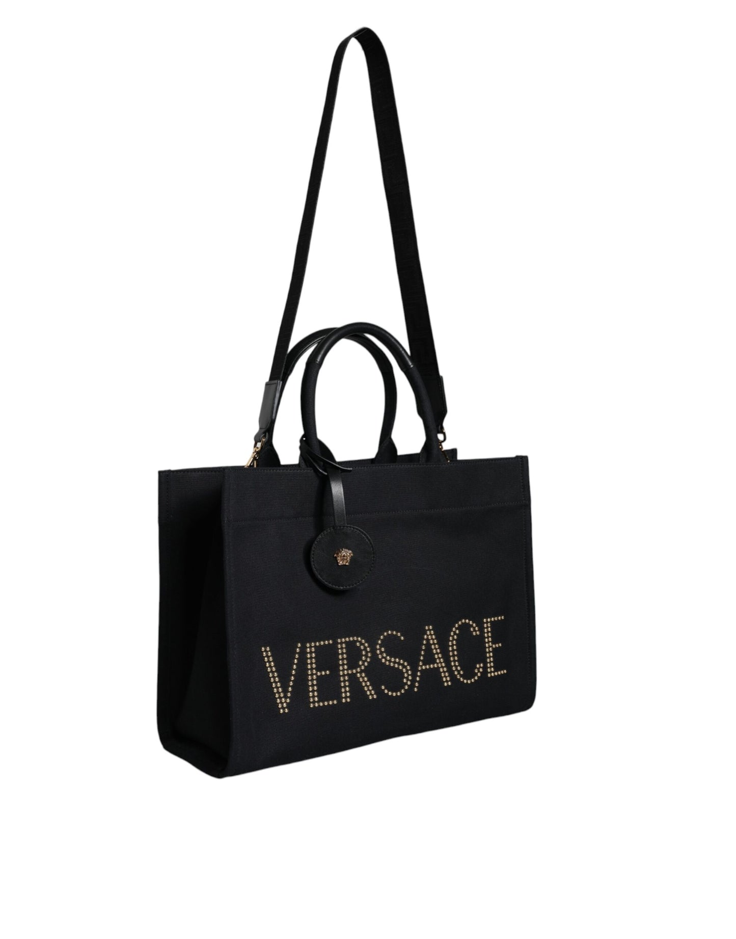 Bolso tote cruzado de mano Versace negro de lona y cuero con logo