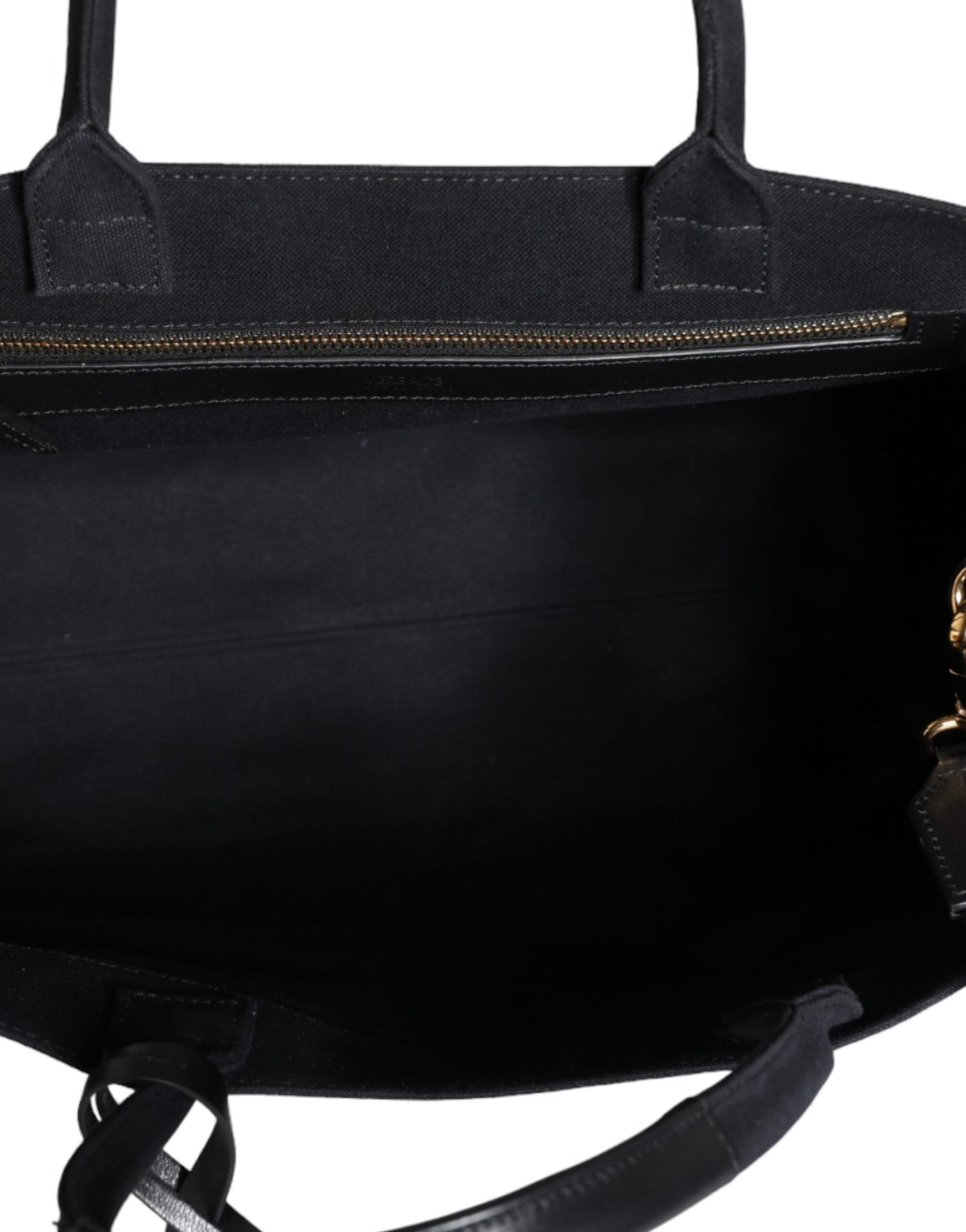 Bolso tote cruzado de mano Versace negro de lona y cuero con logo