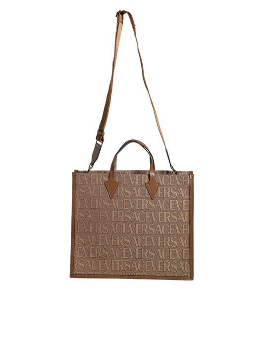 Bolso Versace Tote Marrón Cuero Jacquard Logo Asa Superior Bandolera
