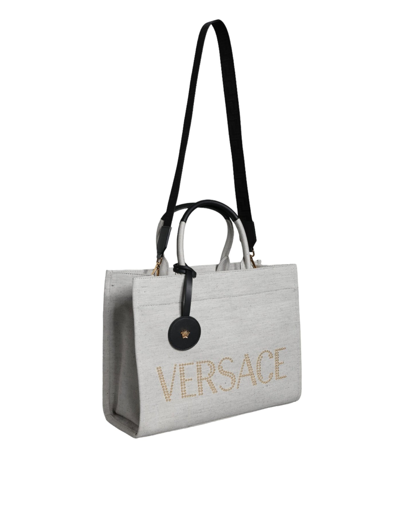 Bolso tote cruzado de lona y cuero con asa superior, logo y color blanco de Versace