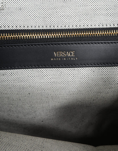 Bolso tote cruzado de lona y cuero con asa superior, logo y color blanco de Versace