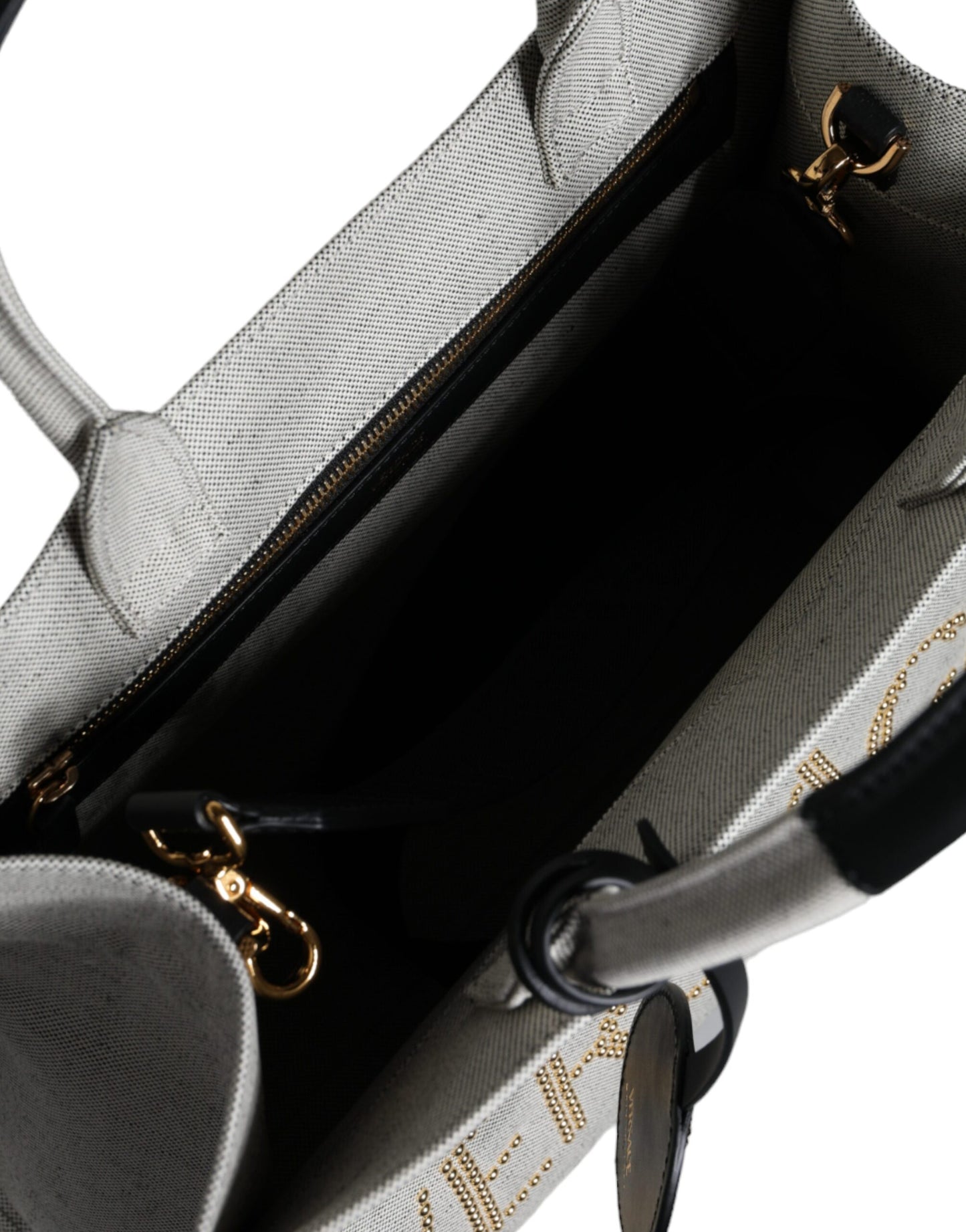 Bolso tote cruzado de lona y cuero con asa superior, logo y color blanco de Versace