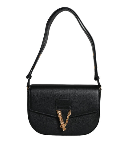 Versace Sac bandoulière et épaule en cuir de veau grainé noir avec logo