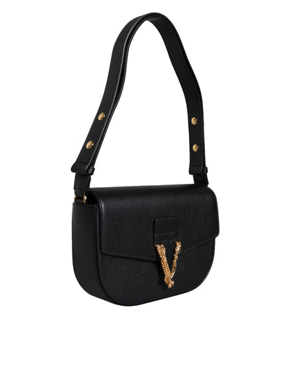 Versace Sac bandoulière et épaule en cuir de veau grainé noir avec logo