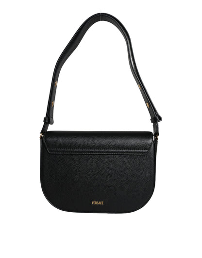 Versace Sac bandoulière et épaule en cuir de veau grainé noir avec logo