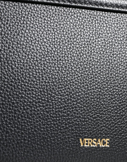 Versace Sac bandoulière et épaule en cuir de veau grainé noir avec logo
