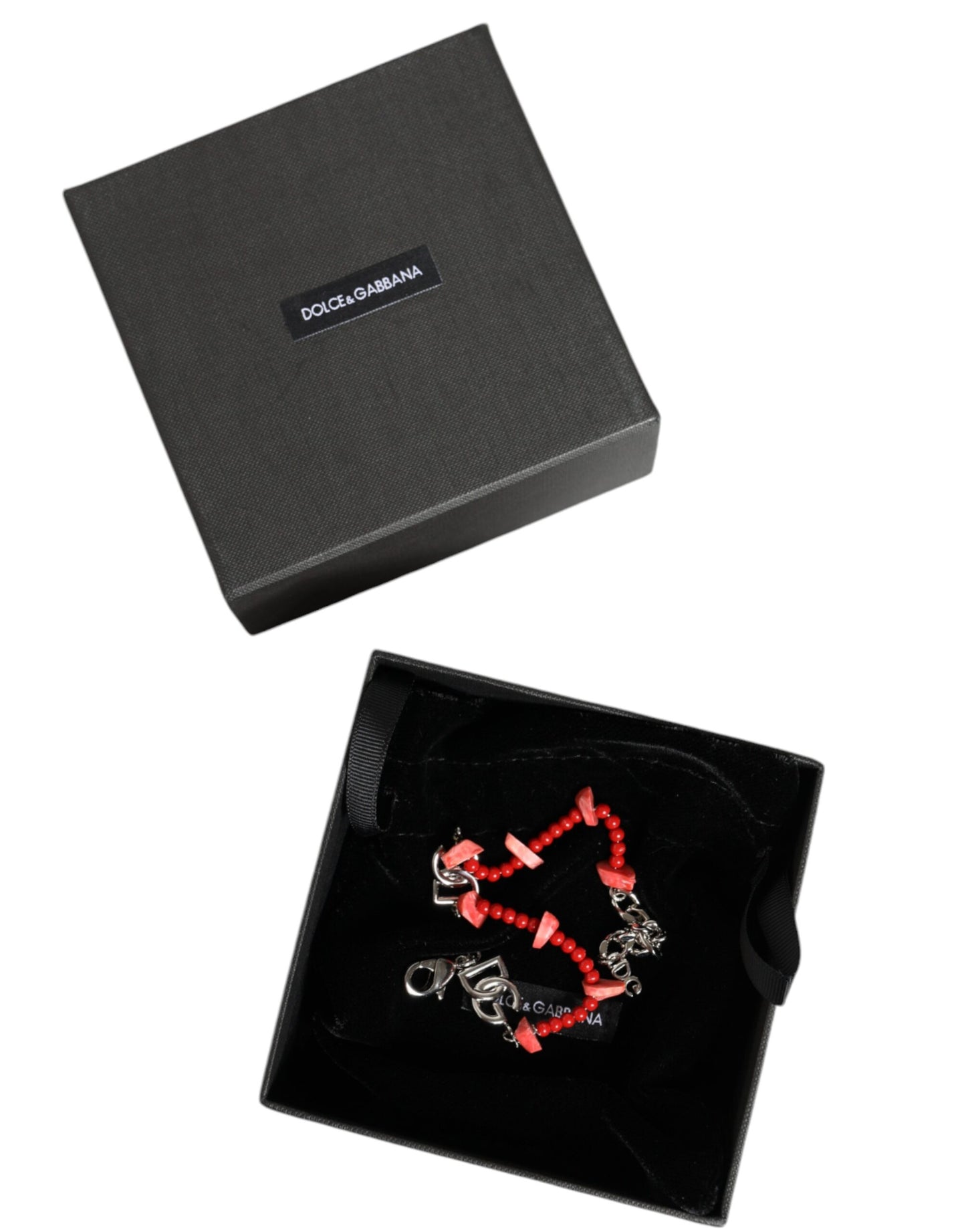 Pulsera Dolce & Gabbana de cadena con logo DG, cuentas y resina, tono plateado