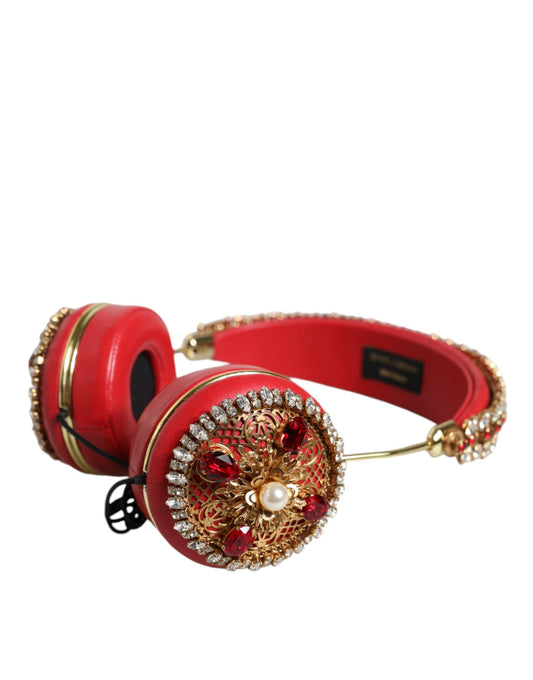 Auriculares Dolce & Gabbana de cuero napa rojo con cristales y motivos florales