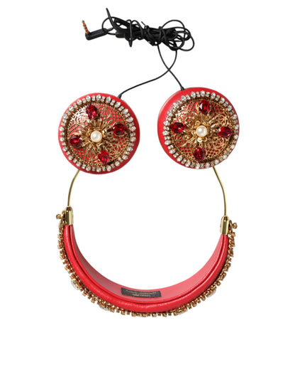 Auriculares Dolce & Gabbana de cuero napa rojo con cristales y motivos florales