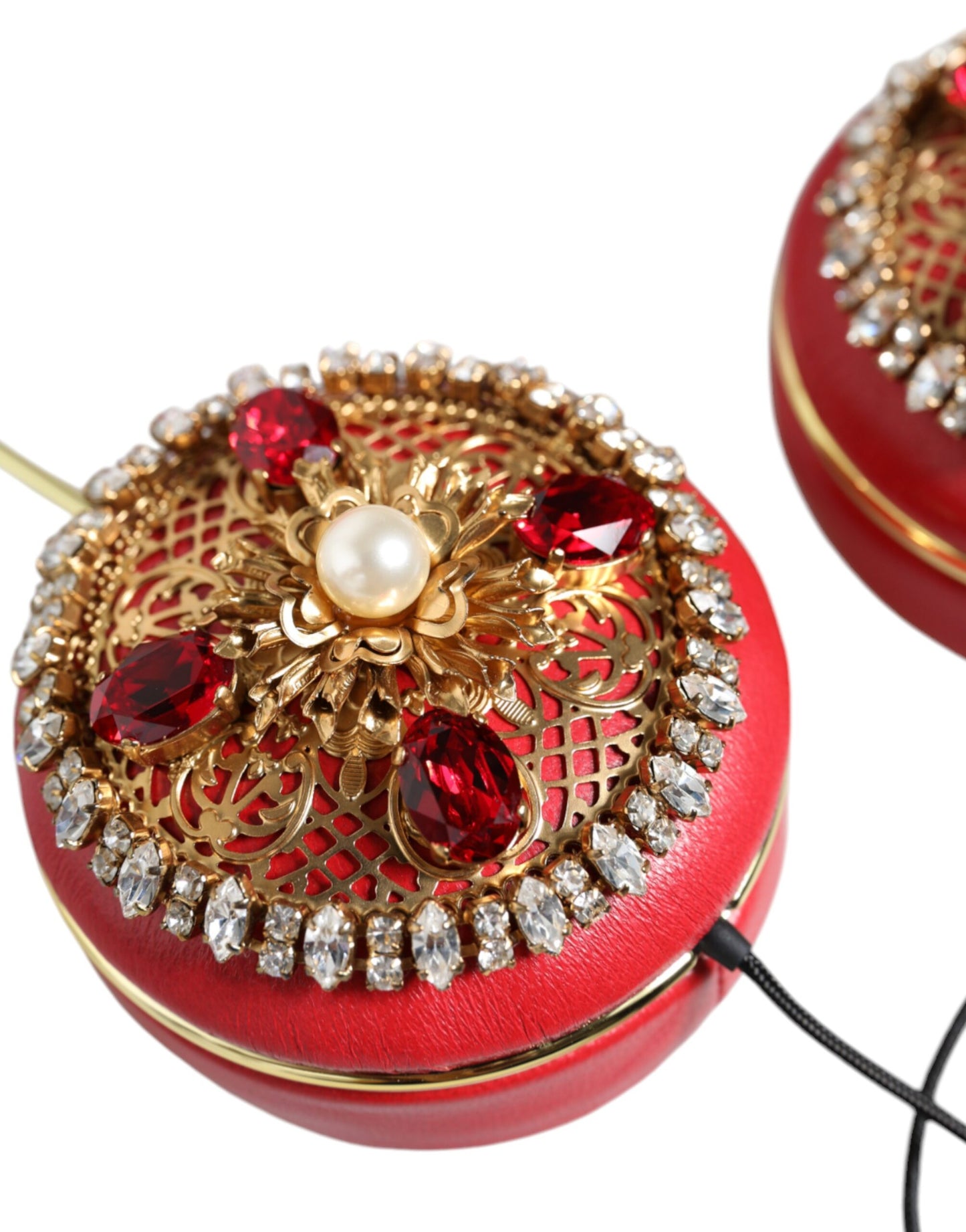 Auriculares Dolce & Gabbana de cuero napa rojo con cristales y motivos florales
