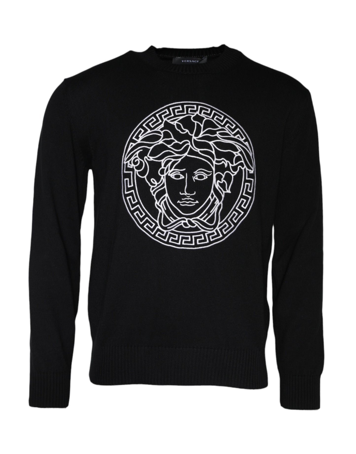 Suéter Versace negro con cuello redondo y logo Medusa bordado