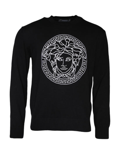Suéter Versace negro con cuello redondo y logo Medusa bordado