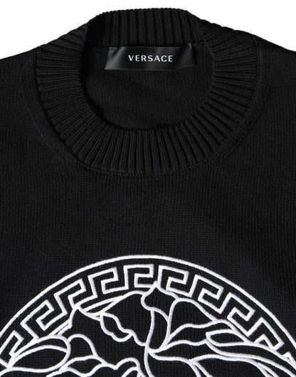 Suéter Versace negro con cuello redondo y logo Medusa bordado