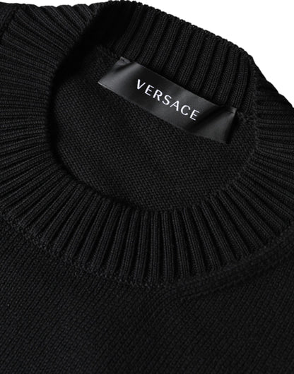 Suéter Versace negro con cuello redondo y logo Medusa bordado