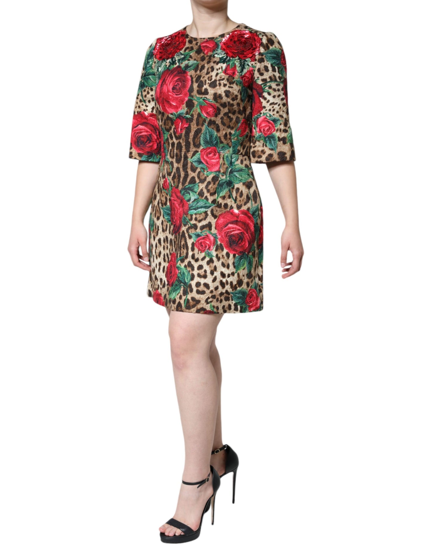 Vestido acampanado de algodón Dolce & Gabbana con estampado de leopardo marrón y rosas rojas
