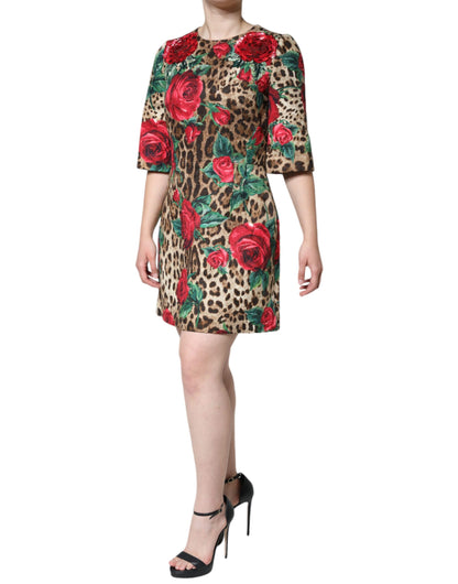 Vestido acampanado de algodón Dolce & Gabbana con estampado de leopardo marrón y rosas rojas