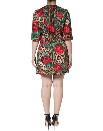 Vestido acampanado de algodón Dolce & Gabbana con estampado de leopardo marrón y rosas rojas