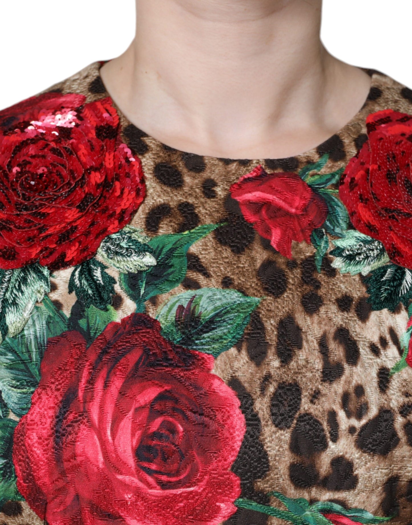Vestido acampanado de algodón Dolce & Gabbana con estampado de leopardo marrón y rosas rojas