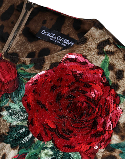 Vestido acampanado de algodón Dolce & Gabbana con estampado de leopardo marrón y rosas rojas