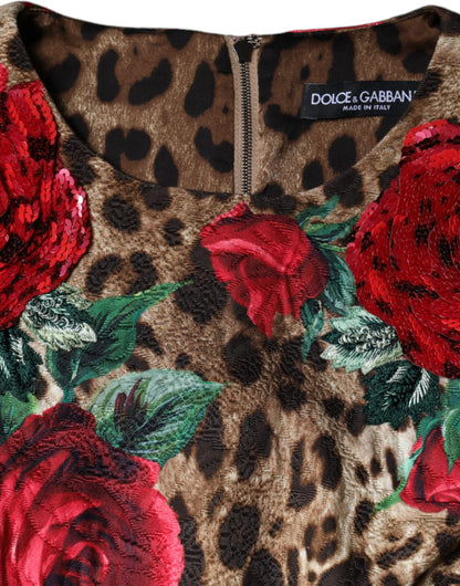 Vestido acampanado de algodón Dolce & Gabbana con estampado de leopardo marrón y rosas rojas