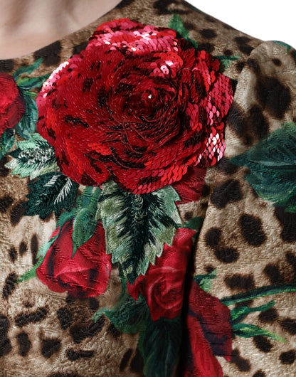 Vestido acampanado de algodón Dolce & Gabbana con estampado de leopardo marrón y rosas rojas