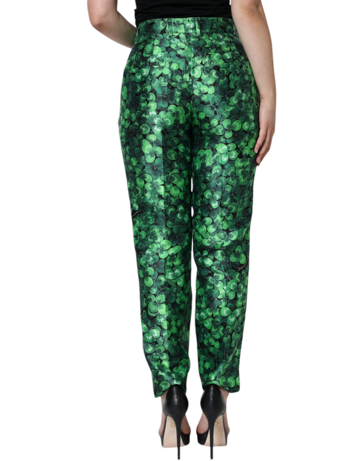 Pantalones cónicos de talle alto de satén de seda verde Clover de Dolce & Gabbana