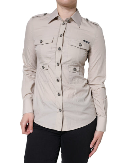 Camisa con cuello y botones de algodón beige Dolce & Gabbana