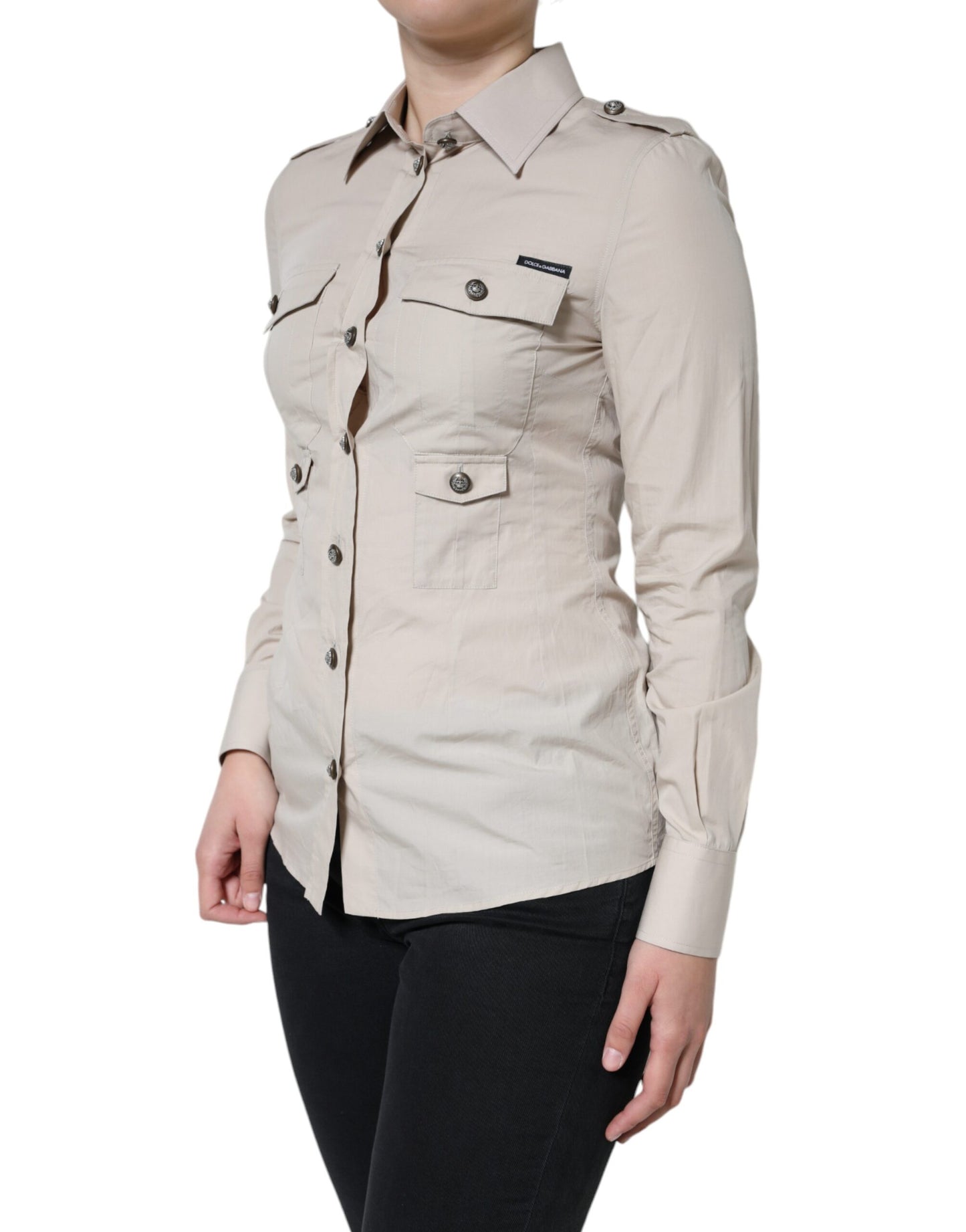 Camisa con cuello y botones de algodón beige Dolce & Gabbana