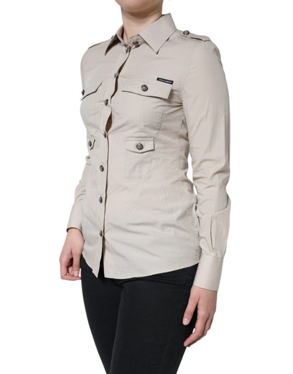 Camisa con cuello y botones de algodón beige Dolce & Gabbana