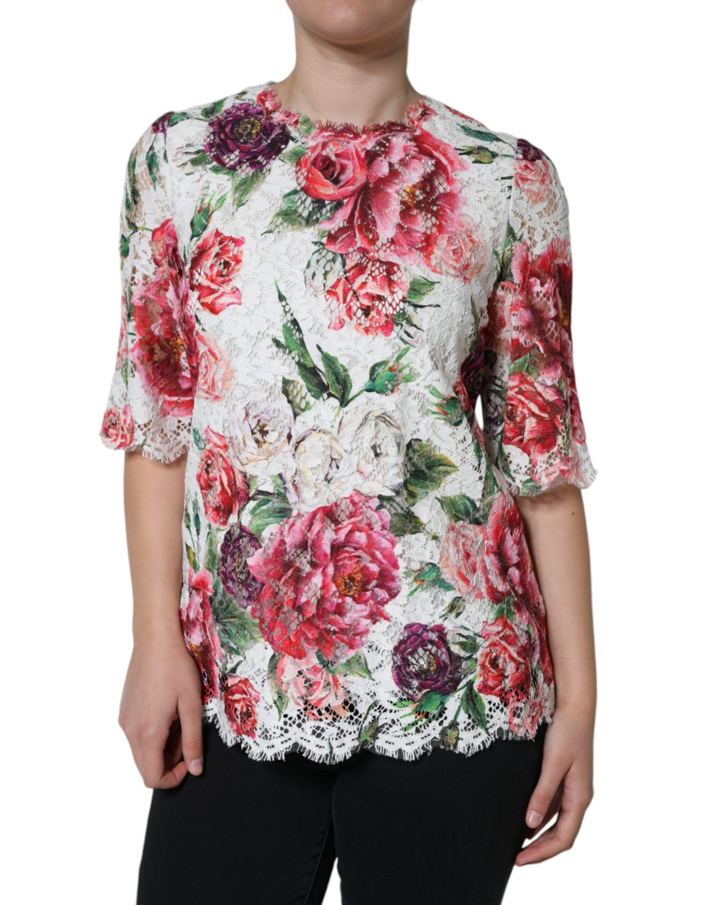 Top blusa de manga corta de encaje de peonía blanca de Dolce & Gabbana