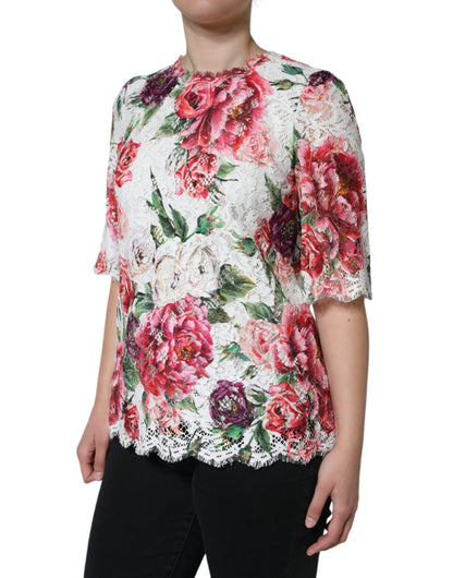 Top blusa de manga corta de encaje de peonía blanca de Dolce & Gabbana