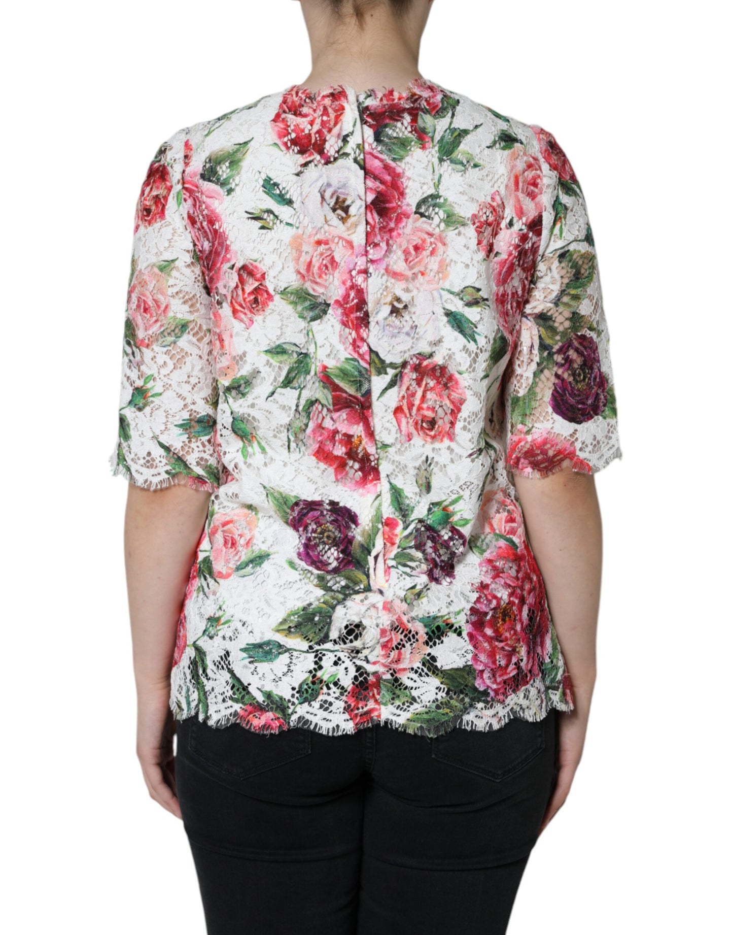 Top blusa de manga corta de encaje de peonía blanca de Dolce & Gabbana