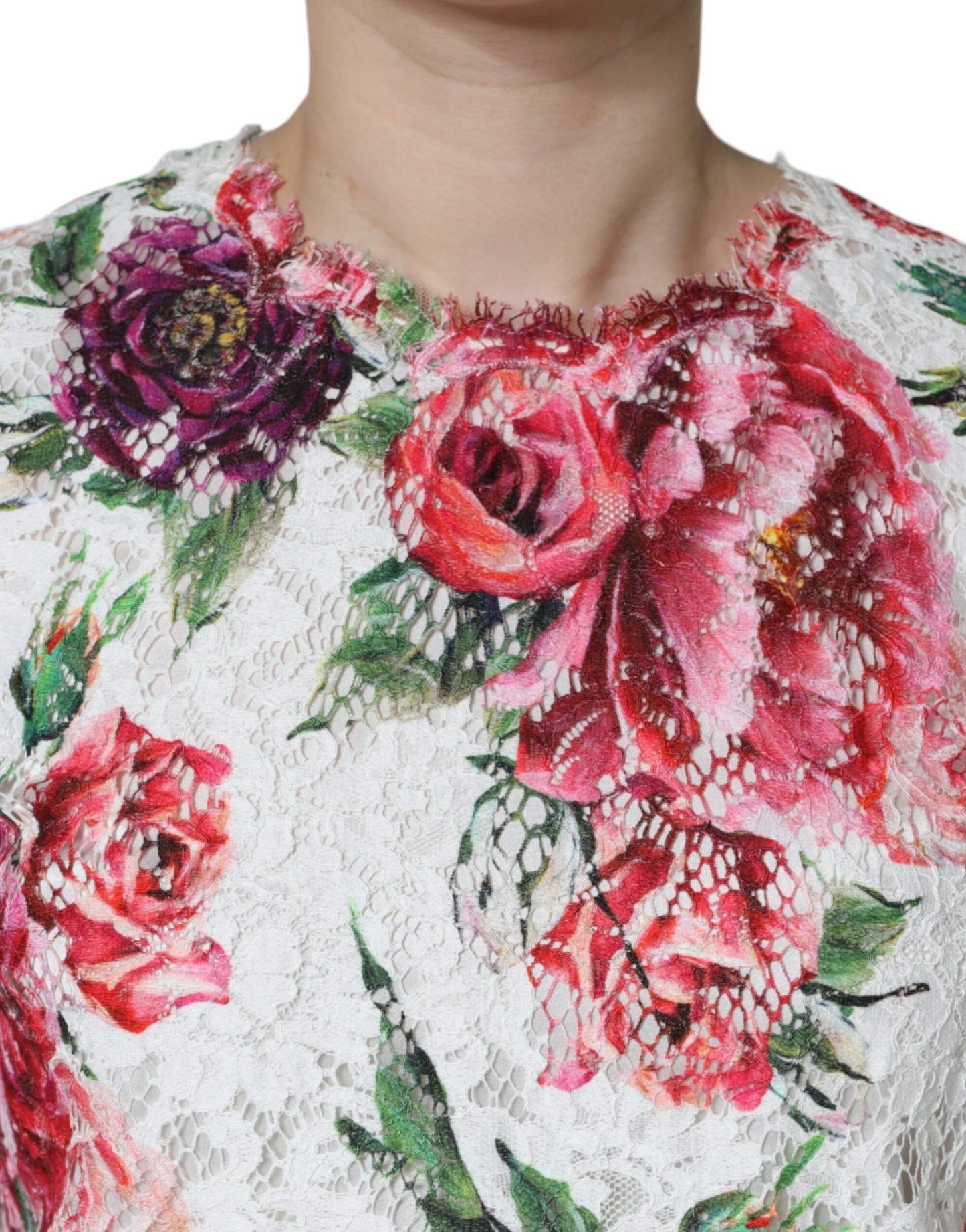 Top blusa de manga corta de encaje de peonía blanca de Dolce & Gabbana