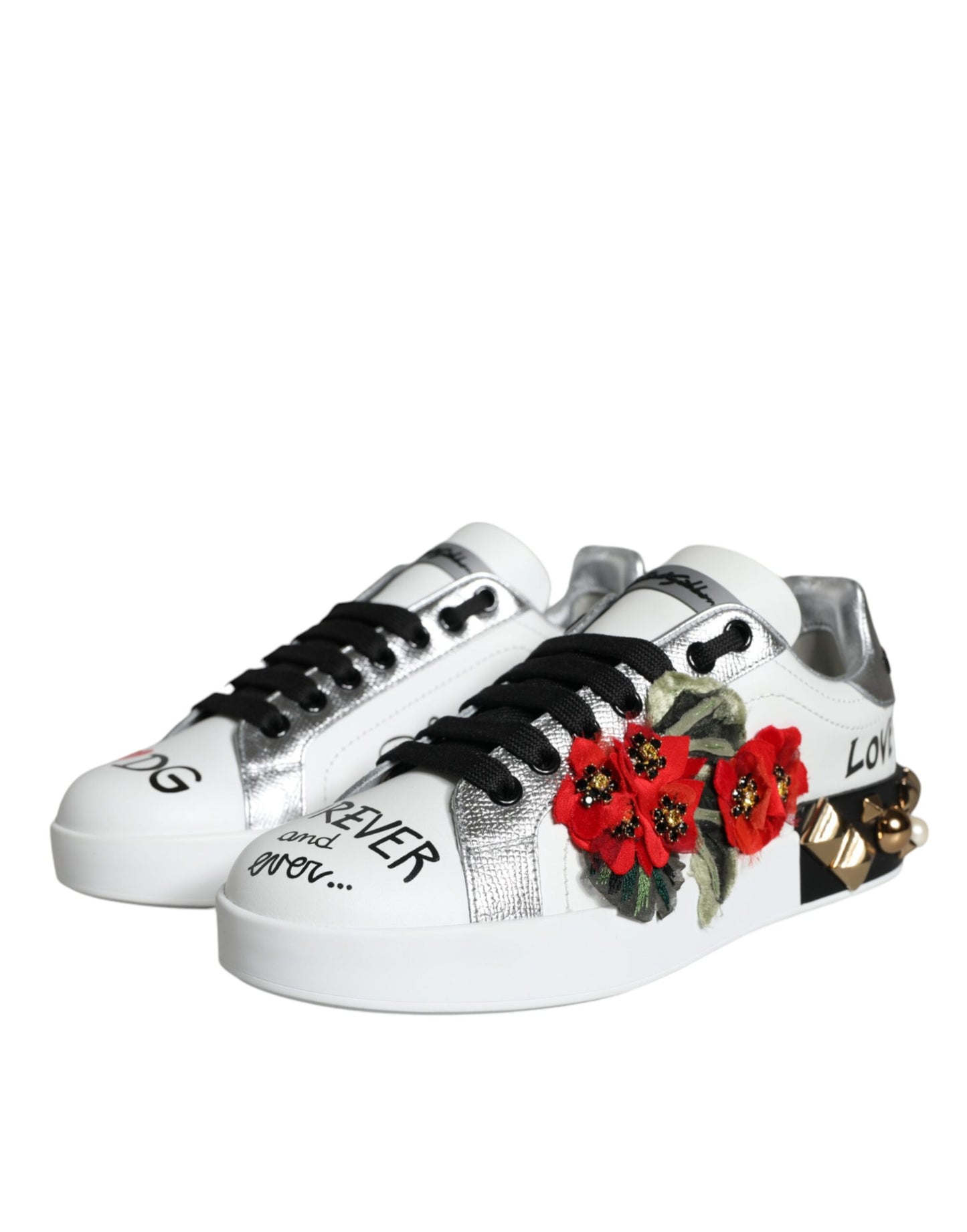 Zapatillas con tachuelas florales de cuero blanco Dolce & Gabbana