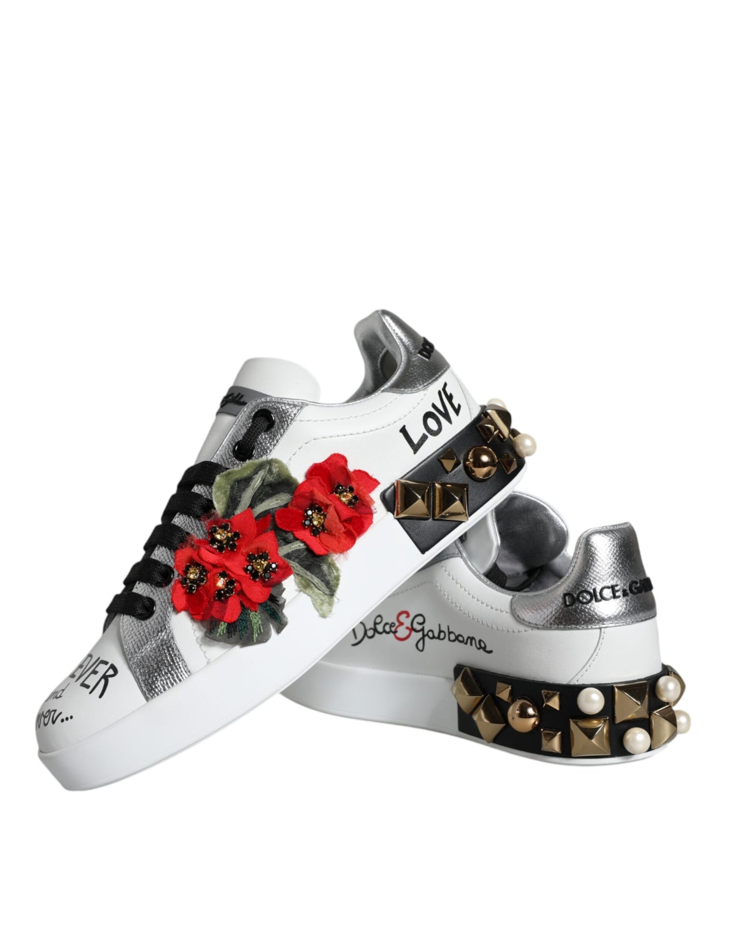 Zapatillas con tachuelas florales de cuero blanco Dolce & Gabbana