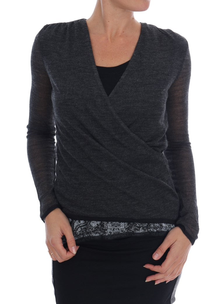 Camiseta de manga larga Ermanno Scervino de lana gris con encaje