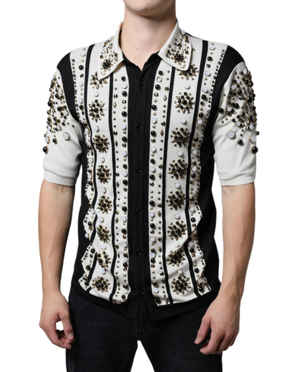 Camisa de seda de Dolce & Gabbana en blanco y negro con tachuelas y cristales