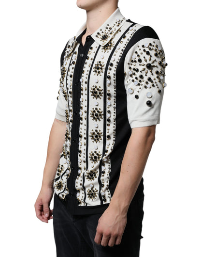 Camisa de seda de Dolce & Gabbana en blanco y negro con tachuelas y cristales