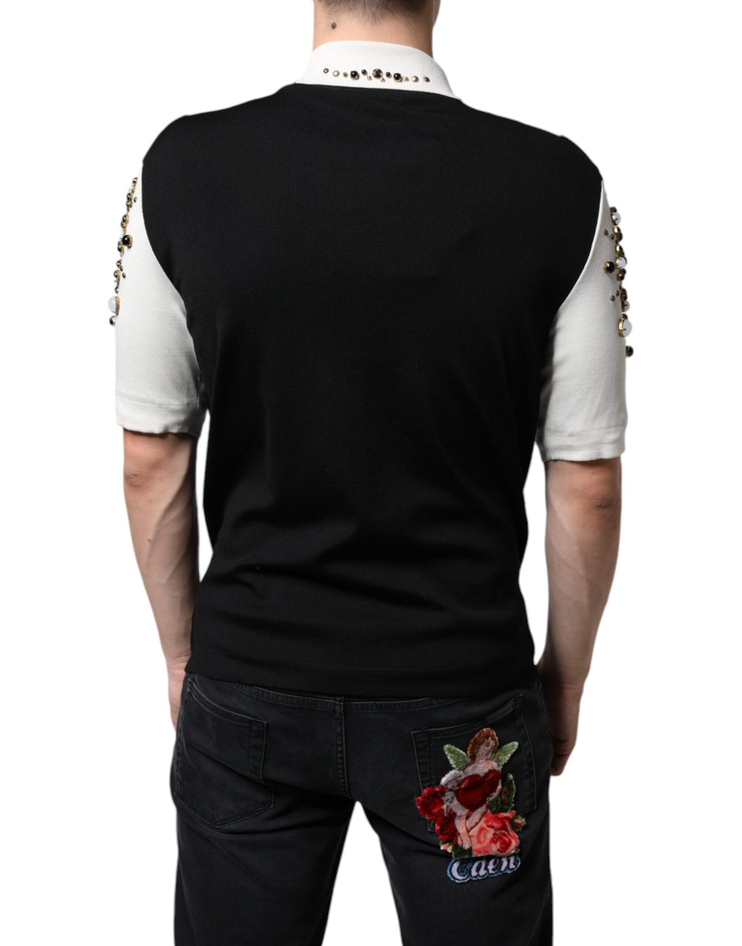 Camisa de seda de Dolce & Gabbana en blanco y negro con tachuelas y cristales