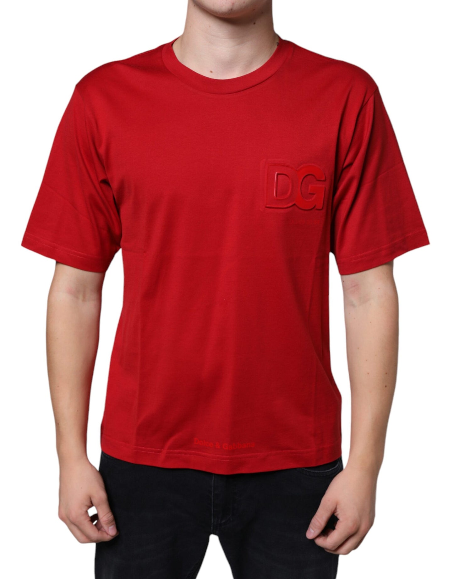 Camiseta de cuello redondo con estampado del logotipo DG de algodón rojo de Dolce & Gabbana