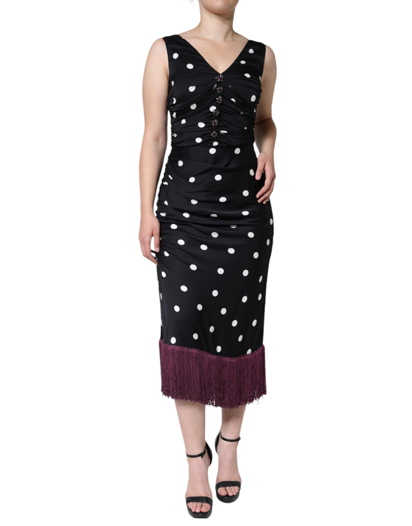 Vestido midi de seda negra con lunares, escote en V y borlas de Dolce & Gabbana