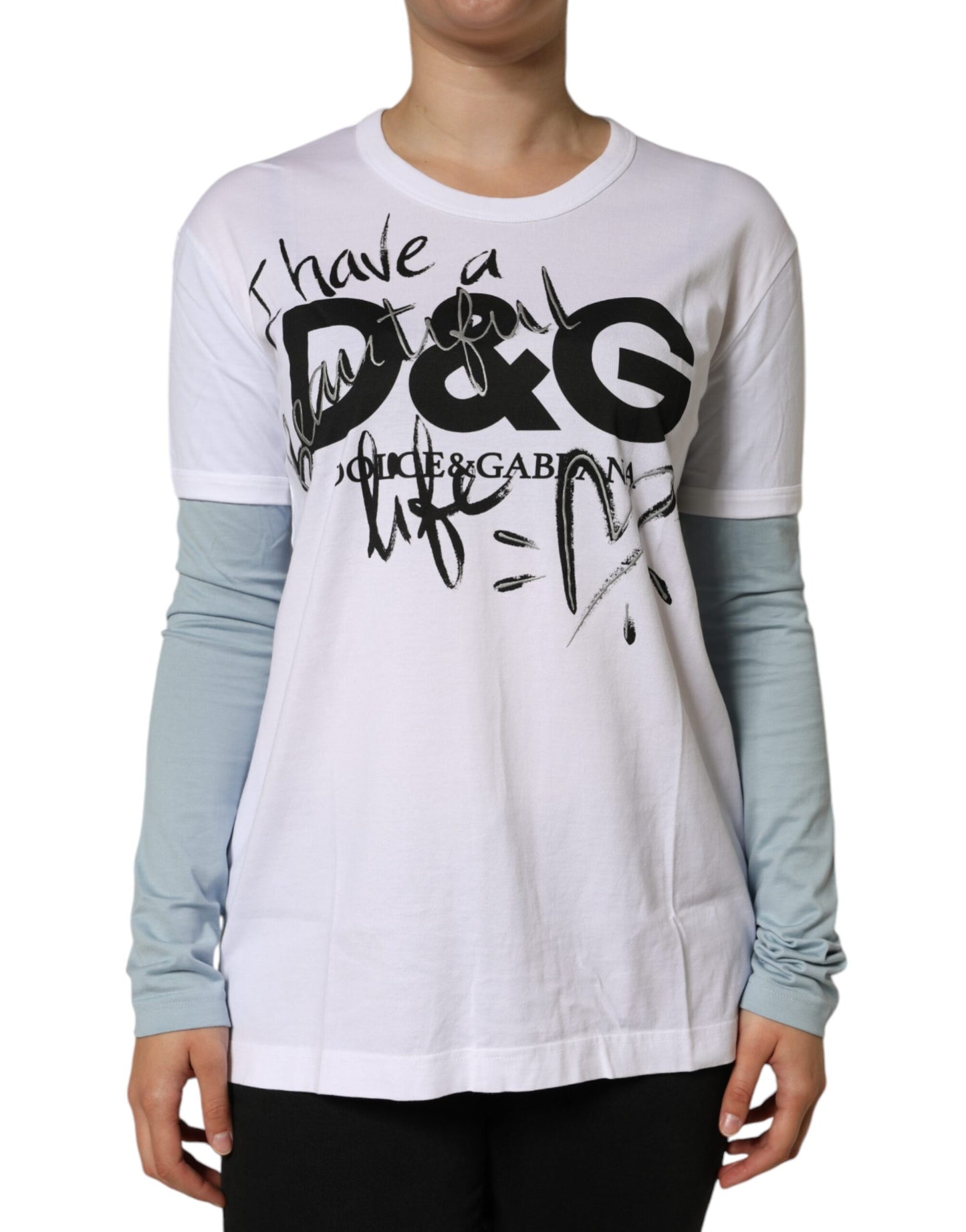 Camiseta de cuello redondo de algodón blanco con logo estampado de Dolce & Gabbana