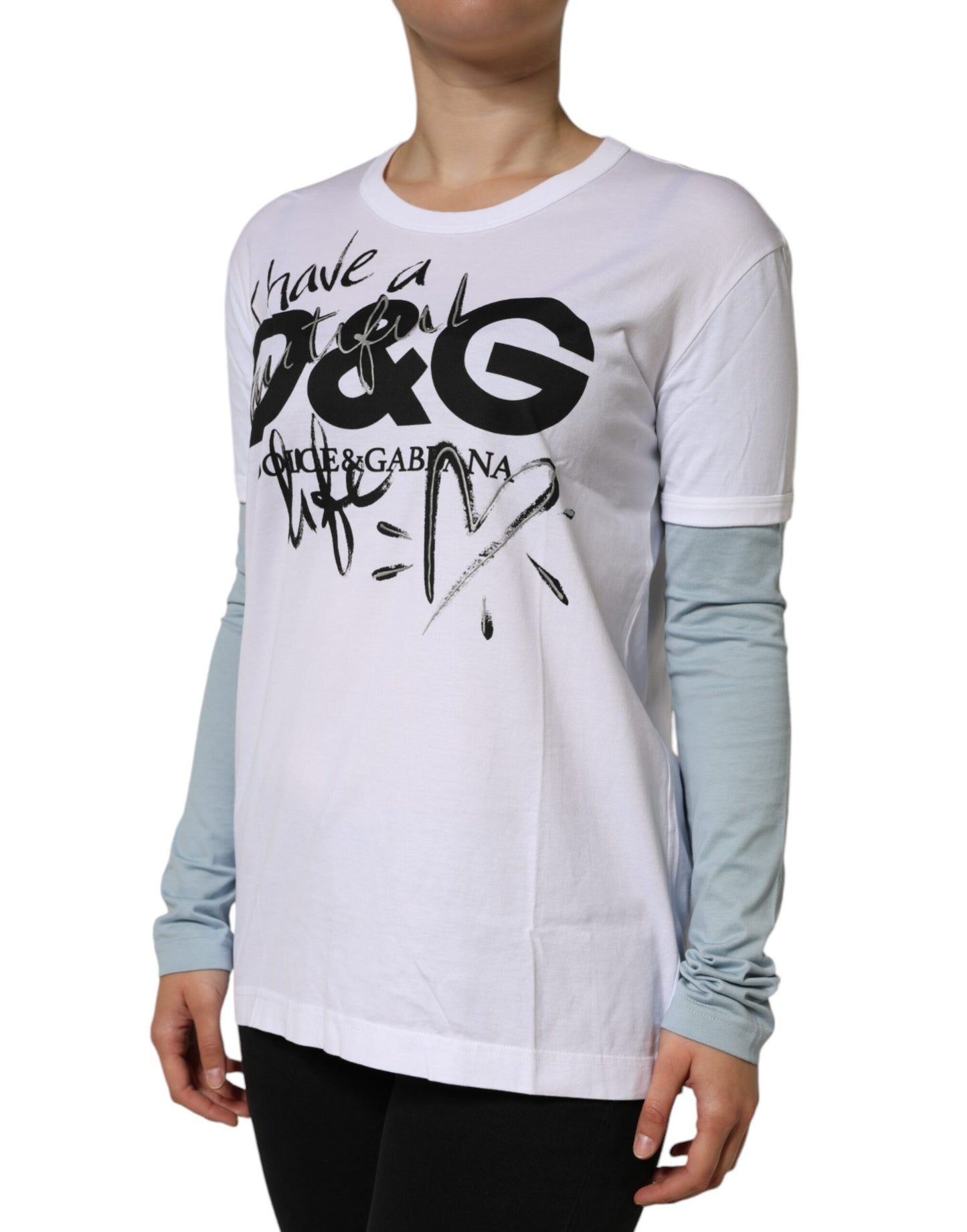 Camiseta de cuello redondo de algodón blanco con logo estampado de Dolce & Gabbana