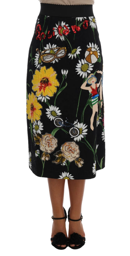 Falda brocada de Dolce & Gabbana negra adornada con margaritas