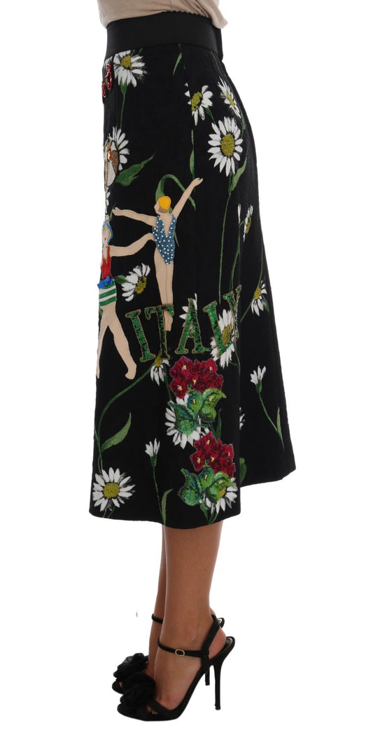 Falda brocada de Dolce & Gabbana negra adornada con margaritas