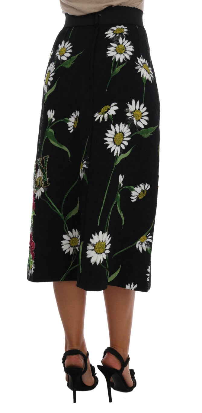 Falda brocada de Dolce & Gabbana negra adornada con margaritas